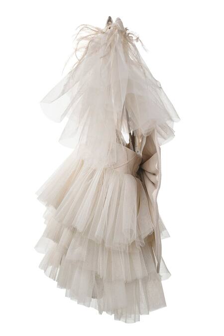 Jasmine And Alaia Beige Tulle Ruffle Romper Online at Aza Fashions Jasmine And Alaia_Beige Tulle Ruffle Romper_Online_at_Aza_Fashions