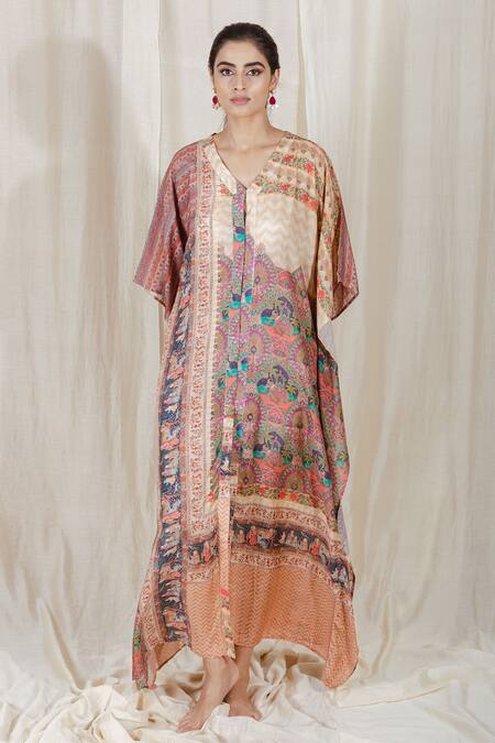 The Boozy Button_Multi Color Moroccan Silk Digital Print V Neck Thinking Out Loud Kaftan_Online_at_Aza_Fashions