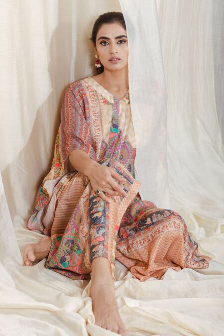 Buy_The Boozy Button_Multi Color Moroccan Silk Digital Print V Neck Thinking Out Loud Kaftan_Online_at_Aza_Fashions