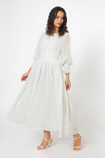 House Of Thl_White Linen Blend Aari Work V Neck Puff Sleeve Dress_Online_at_Aza_Fashions