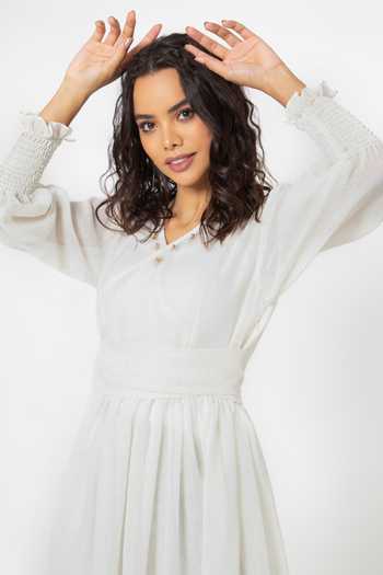 Buy_House Of Thl_White Linen Blend Aari Work V Neck Puff Sleeve Dress_Online_at_Aza_Fashions