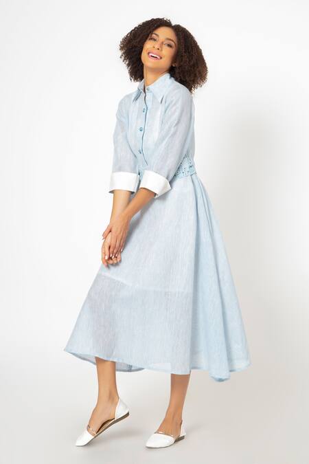 House Of Thl_Blue Pure Linen Aari Work Shirt Collar Camille Midi Dress_Online_at_Aza_Fashions