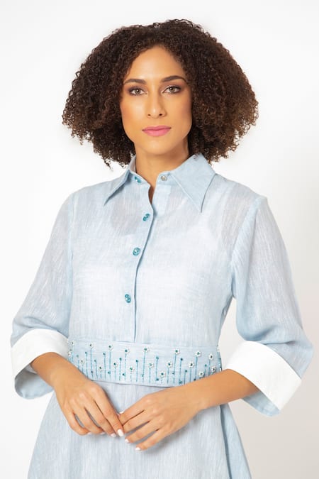 Buy_House Of Thl_Blue Pure Linen Aari Work Shirt Collar Camille Midi Dress_Online_at_Aza_Fashions
