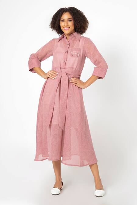 Buy House Of Thl Pink Cotton Aari Work Pointed Collar Perla A-line Midi Dress at Aza Fashions Buy_House Of Thl_Pink Cotton Aari Work Pointed Collar Perla A-line Midi Dress_at_Aza_Fashions