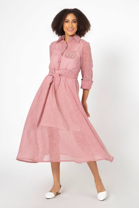 House Of Thl Pink Cotton Aari Work Pointed Collar Perla A-line Midi Dress Online at Aza Fashions House Of Thl_Pink Cotton Aari Work Pointed Collar Perla A-line Midi Dress_Online_at_Aza_Fashions