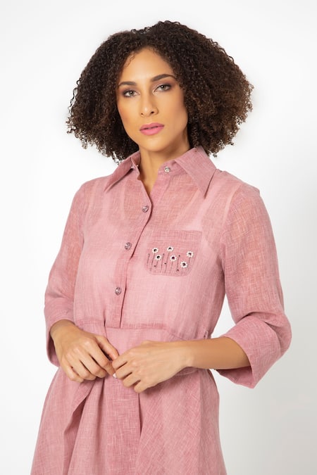 Buy House Of Thl Pink Cotton Aari Work Pointed Collar Perla A-line Midi Dress Online at Aza Fashions Buy_House Of Thl_Pink Cotton Aari Work Pointed Collar Perla A-line Midi Dress_Online_at_Aza_Fashions