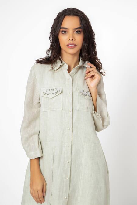 Buy_House Of Thl_Green Pure Linen Aari Work Shirt Collar Jolie Dress_Online_at_Aza_Fashions