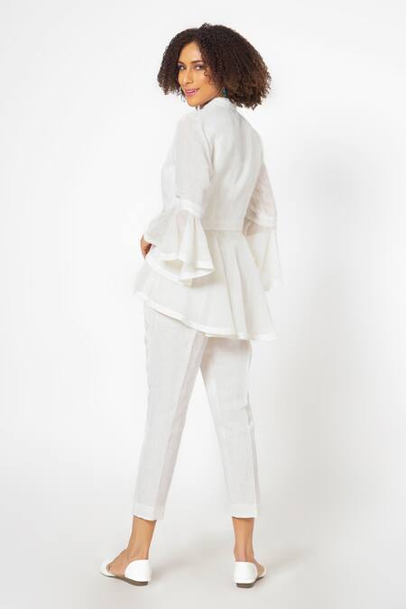 Shop House Of Thl White Pure Linen Abstract Motifs, Checkered, Geometric Peplum And Pant Set at Aza Fashions Shop_House Of Thl_White Pure Linen Abstract Motifs, Checkered, Geometric Peplum And Pant Set_at_Aza_Fashions
