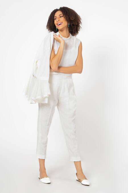 House Of Thl White Pure Linen Abstract Motifs, Checkered, Geometric Peplum And Pant Set Online at Aza Fashions House Of Thl_White Pure Linen Abstract Motifs, Checkered, Geometric Peplum And Pant Set_Online_at_Aza_Fashions