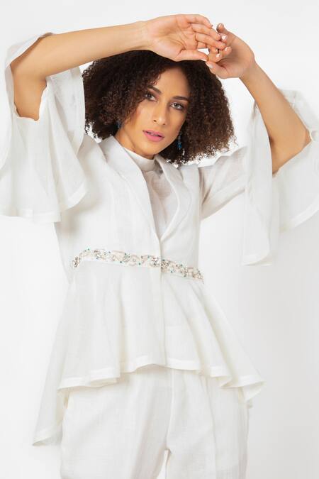 Buy House Of Thl White Pure Linen Abstract Motifs, Checkered, Geometric Peplum And Pant Set Online at Aza Fashions Buy_House Of Thl_White Pure Linen Abstract Motifs, Checkered, Geometric Peplum And Pant Set_Online_at_Aza_Fashions