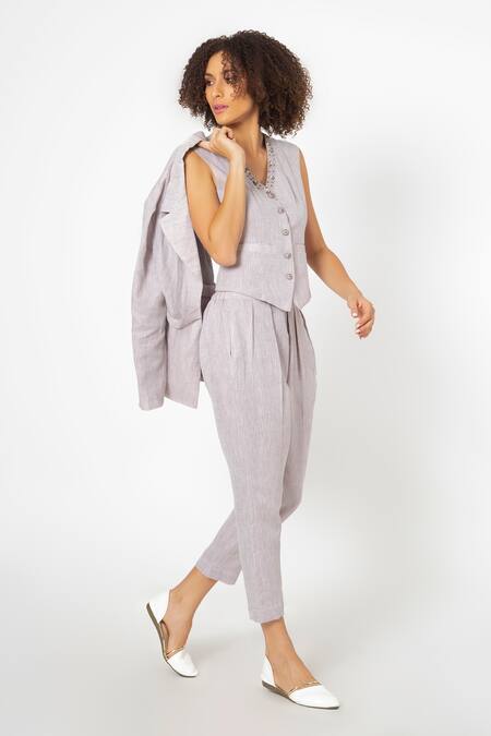 House Of Thl_Purple Pure Linen Aari Work Jacket Open, Waistcoat Notched Collar And Pant Set_Online_at_Aza_Fashions