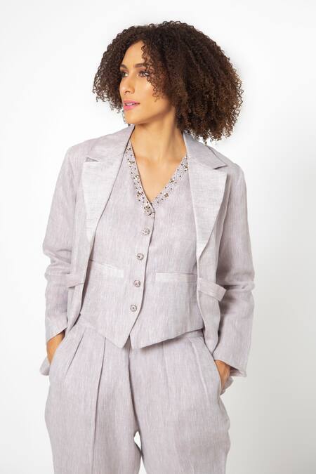 Buy_House Of Thl_Purple Pure Linen Aari Work Jacket Open, Waistcoat Notched Collar And Pant Set_Online_at_Aza_Fashions