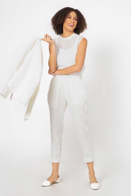 House Of Thl_White Pure Linen Aari Work Inner Round, Jacket Notched Collar With Pant Set_Online_at_Aza_Fashions