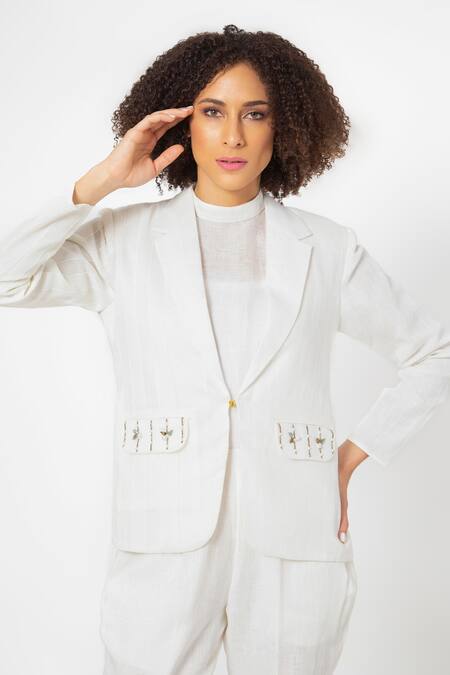 Buy_House Of Thl_White Pure Linen Aari Work Inner Round, Jacket Notched Collar With Pant Set_Online_at_Aza_Fashions