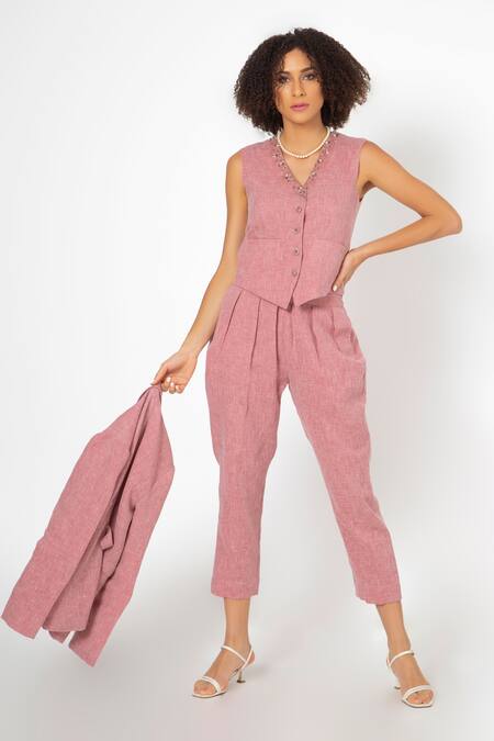 House Of Thl_Pink Pure Linen Aari Work Jacket Open, Waistcoat V Notched Collar And Pant Set_Online_at_Aza_Fashions