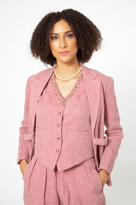 Buy_House Of Thl_Pink Pure Linen Aari Work Jacket Open, Waistcoat V Notched Collar And Pant Set_Online_at_Aza_Fashions