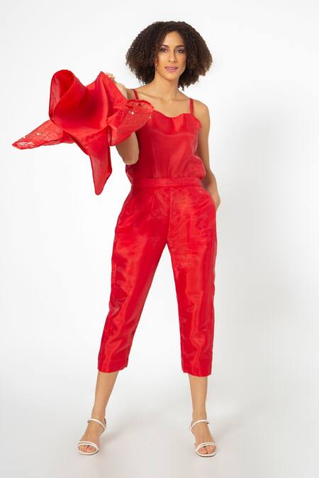 House Of Thl_Red Polyester Aari Work Open Mabel Puffed Sleeve Jacket And Pant Set_Online_at_Aza_Fashions