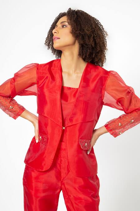 Buy_House Of Thl_Red Polyester Aari Work Open Mabel Puffed Sleeve Jacket And Pant Set_Online_at_Aza_Fashions