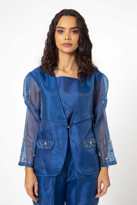 Buy_House Of Thl_Blue Polyester Aari Work Open Ciel Puffed Sleeve Jacket And Pant Set_Online_at_Aza_Fashions