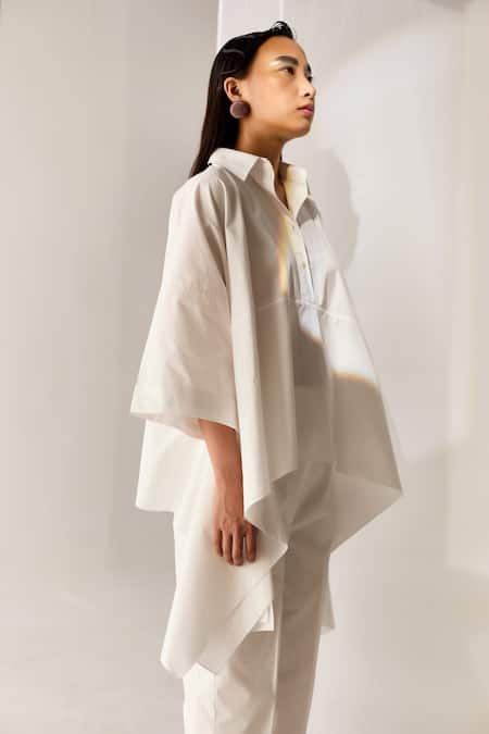 Buy_Twinkle Hanspal_White Cotton Poplin Solid Collared Neck Drop Shoulder Tent Tunic And Pant Set _Online_at_Aza_Fashions