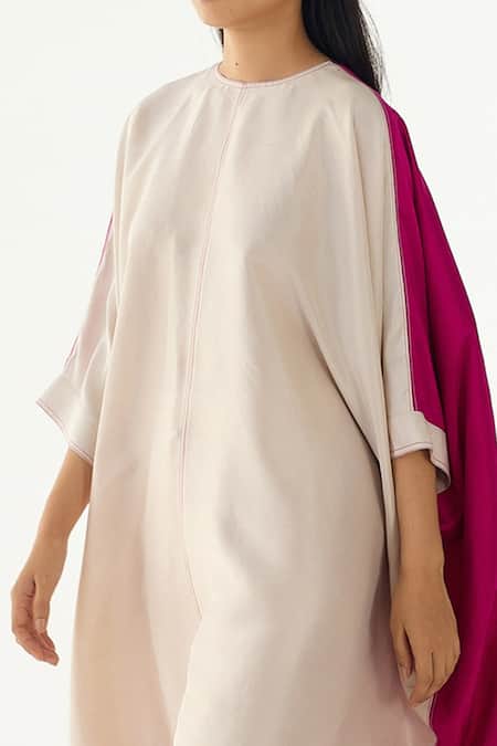 Buy_Twinkle Hanspal_Beige Dupion Silk Plain Colour Block High Neck Kaftan And Pant Set  _Online_at_Aza_Fashions