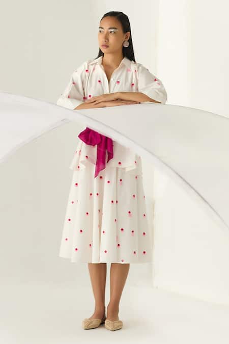 Twinkle Hanspal White Cotton Poplin Sequins Collared Neck Polka Shirt And Skirt Set Online at Aza Fashions Twinkle Hanspal_White Cotton Poplin Sequins Collared Neck Polka Shirt And Skirt Set _Online_at_Aza_Fashions