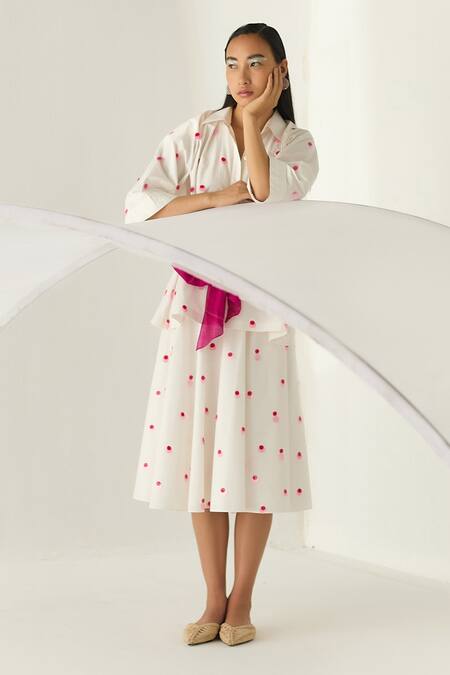 Buy Twinkle Hanspal White Cotton Poplin Sequins Collared Neck Polka Shirt And Skirt Set Online at Aza Fashions Buy_Twinkle Hanspal_White Cotton Poplin Sequins Collared Neck Polka Shirt And Skirt Set _Online_at_Aza_Fashions
