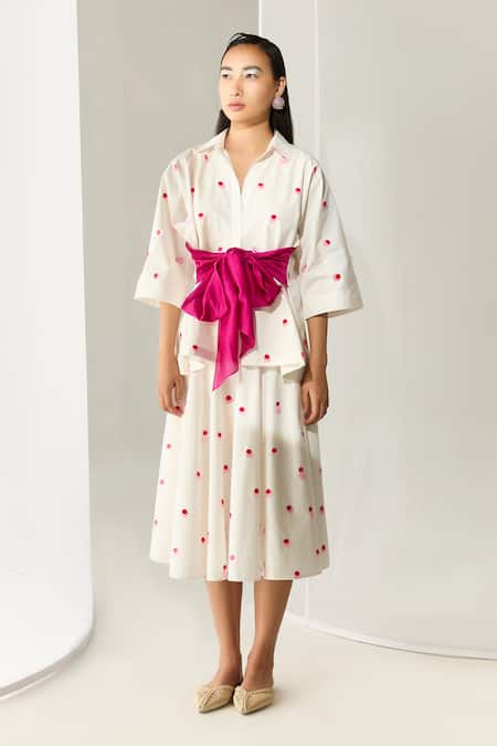 Shop Twinkle Hanspal White Cotton Poplin Sequins Collared Neck Polka Shirt And Skirt Set Online at Aza Fashions Shop_Twinkle Hanspal_White Cotton Poplin Sequins Collared Neck Polka Shirt And Skirt Set _Online_at_Aza_Fashions
