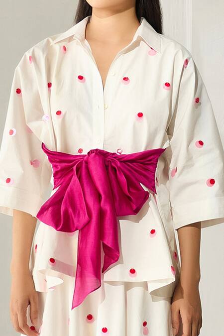 Twinkle Hanspal White Cotton Poplin Sequins Collared Neck Polka Shirt And Skirt Set at Aza Fashions Twinkle Hanspal_White Cotton Poplin Sequins Collared Neck Polka Shirt And Skirt Set _at_Aza_Fashions