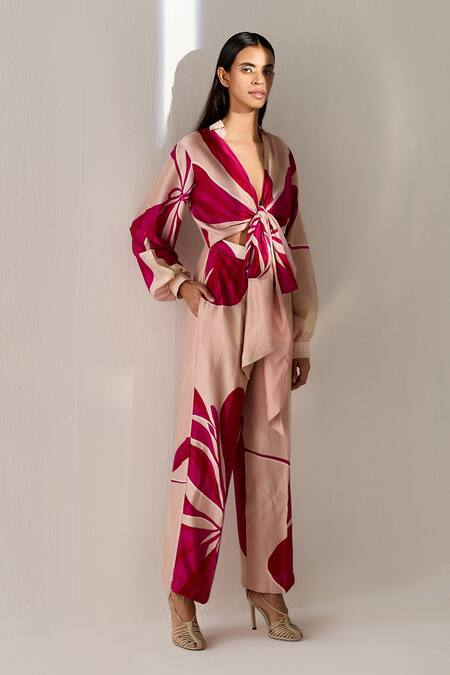 Twinkle Hanspal_Pink Chanderi Floral Collared Neck Printed Tie Up Jumpsuit _Online_at_Aza_Fashions