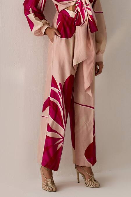 Shop_Twinkle Hanspal_Pink Chanderi Floral Collared Neck Printed Tie Up Jumpsuit _Online_at_Aza_Fashions