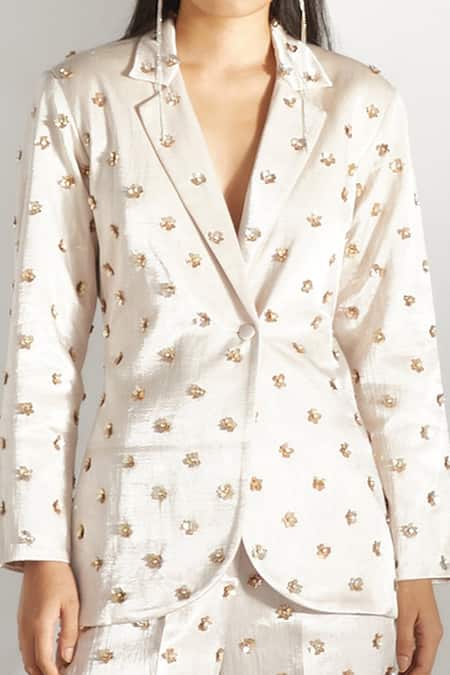 Shop_Twinkle Hanspal_White Mashru Silk Hand Embroidered Floral Lapel Blazer And Pant Set  _Online_at_Aza_Fashions