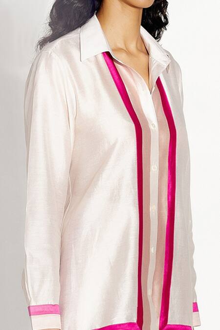 Twinkle Hanspal_White Chanderi Colour Block, Panelled Collared Neck Shirt And Pant Set _Online_at_Aza_Fashions