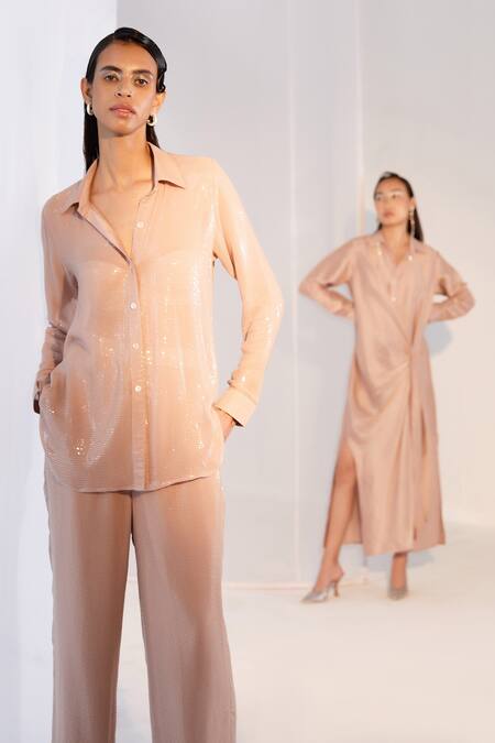 Buy_Twinkle Hanspal_Beige Georgette Sequins Collared Neck Work Shirt And Pant Set _Online_at_Aza_Fashions