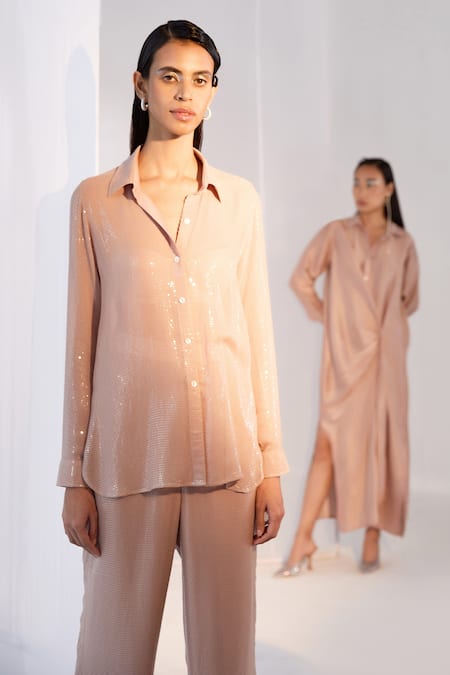 Shop_Twinkle Hanspal_Beige Georgette Sequins Collared Neck Work Shirt And Pant Set _Online_at_Aza_Fashions