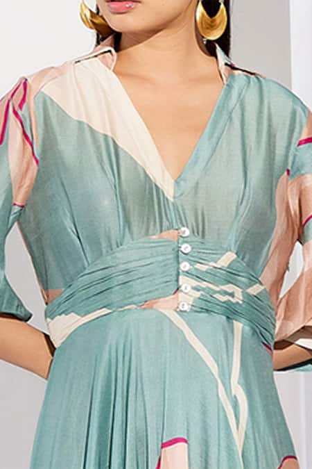 Twinkle Hanspal_Blue Chanderi Floral V Neck Print Dress _Online_at_Aza_Fashions