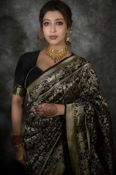 Devissha_Black Pure Katan Silk Floral, Animal Handloom Banarasi Saree_at_Aza_Fashions