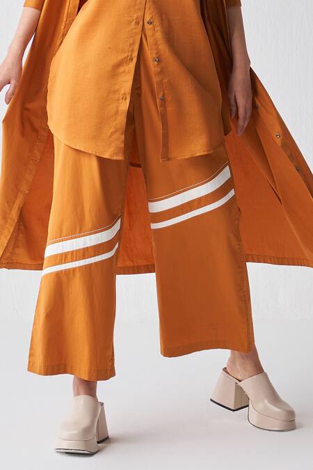 Three Orange Poplin Embroidered Striped Broad Bottom Pant Online at Aza Fashions Three_Orange Poplin Embroidered Striped Broad Bottom Pant _Online_at_Aza_Fashions