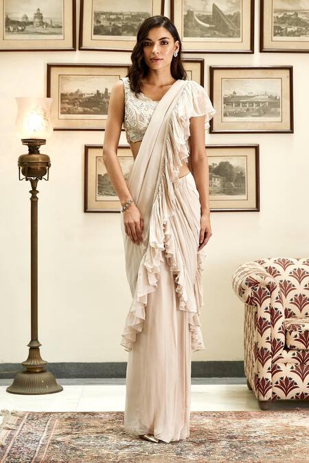 Twinkle Hanspal_White Georgette Scoop Neck Pre-draped Ruffle Saree _Online_at_Aza_Fashions