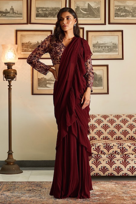 Maroon Silk Blend Solid Saree with Foil Print Ruffled Border– Inddus.in