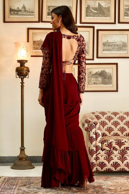 Shop_Twinkle Hanspal_Maroon Georgette V Neck Pre-draped Ruffle Pant Saree _at_Aza_Fashions