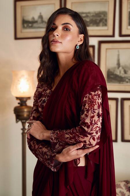 Twinkle Hanspal_Maroon Georgette V Neck Pre-draped Ruffle Pant Saree _Online_at_Aza_Fashions