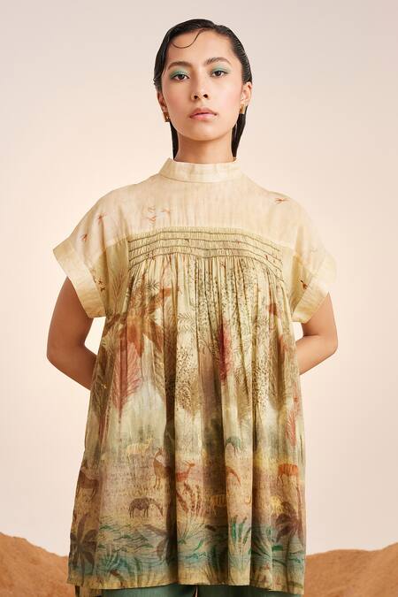 Cord_White Cotton Voile Woods Print High Neck Smocked Top_at_Aza_Fashions