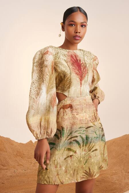 Buy_Cord_Beige Linen Round Neck Euro Waist Cutout Short Dress