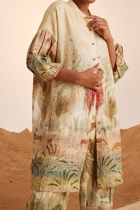 Cord_White Linen Embroidery Mandarin Collar Oracle Printed Kurta And Pant Set_at_Aza_Fashions