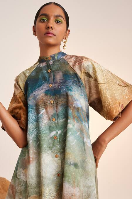 Buy_Cord_Blue Cotton Satin Mandarin Collar Underwater Print A-line Dress