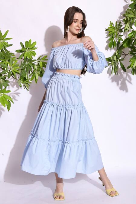 Buy_Ashico_Blue Cotton Plain Strapless Tuscany Tiered Skirt Set_Online_at_Aza_Fashions