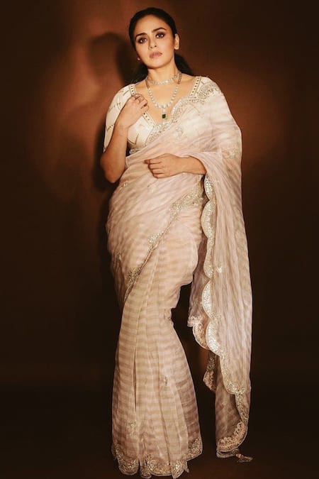 Buy_Premya By Manishii_Beige Organza V Neck Saree With Blouse _Online_at_Aza_Fashions