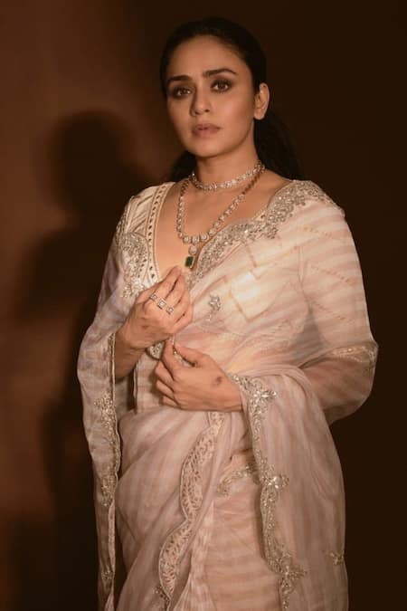 Shop_Premya By Manishii_Beige Organza V Neck Saree With Blouse _Online_at_Aza_Fashions