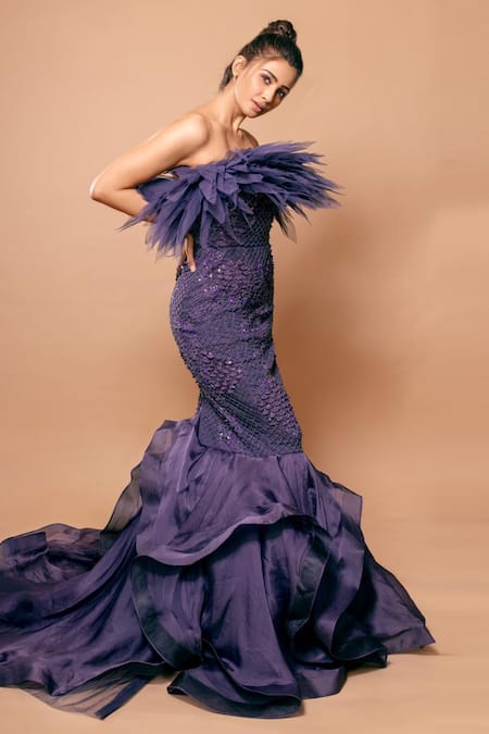 Amit GT Purple Tulle Embellished Ruffle Gown  